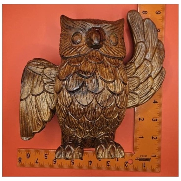 Handmade Wooden Owl Figurine Rustic Hand Carved Brown Bird Decor #Art - Picture 2 of 5